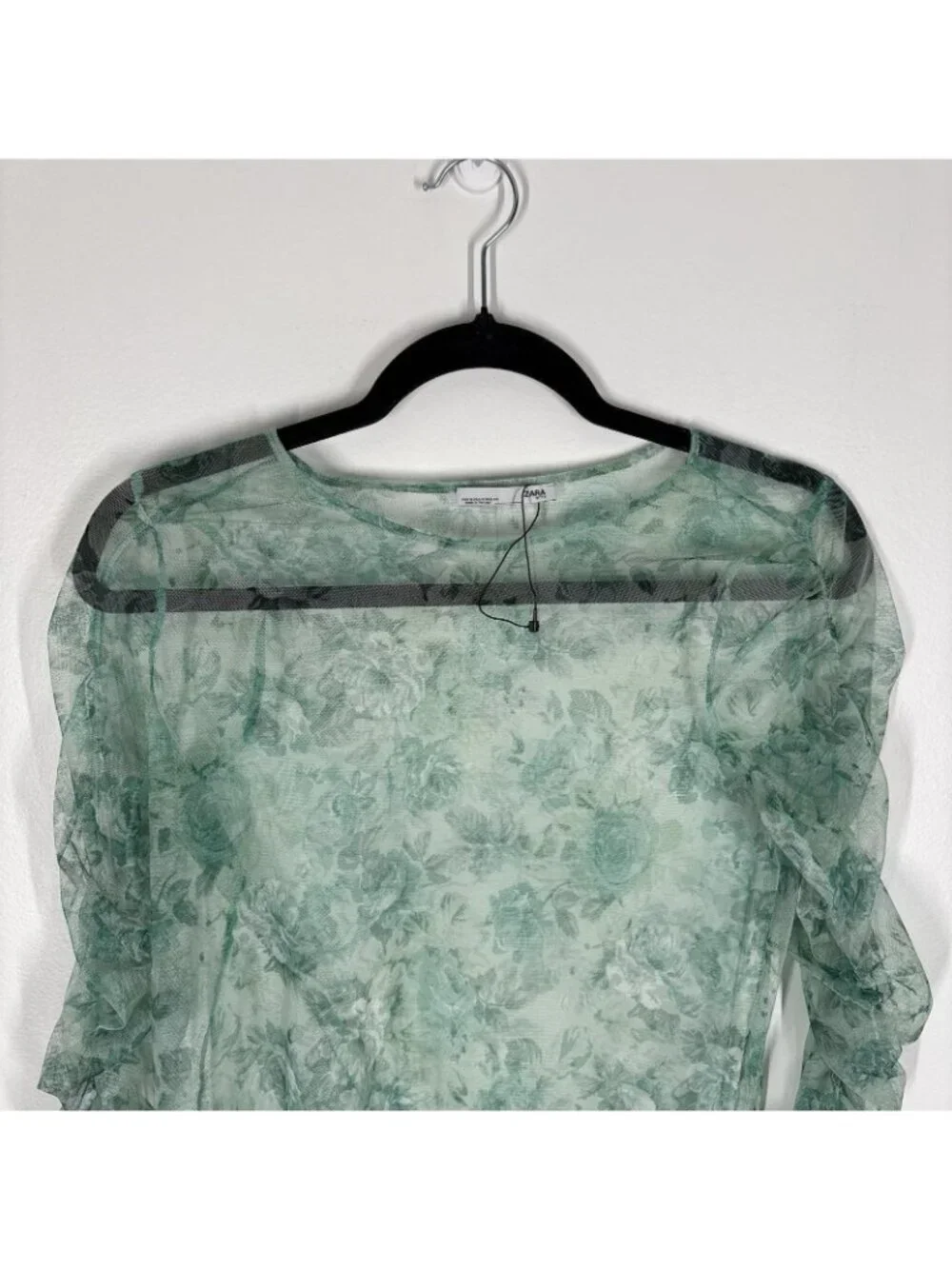 Zara Women M Green Floral Mesh Sheer Y2K Ruched Long Sleeve Blouse NWOT